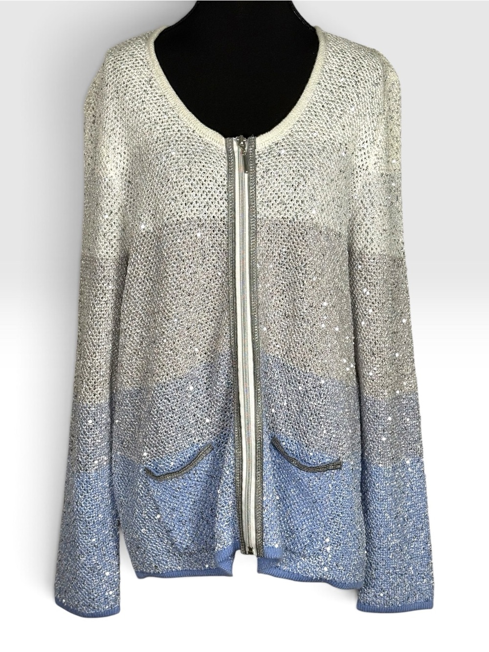 Laura Ashley XL Sequin Ombre Cardigan Sweater Blue Silver Zip Front